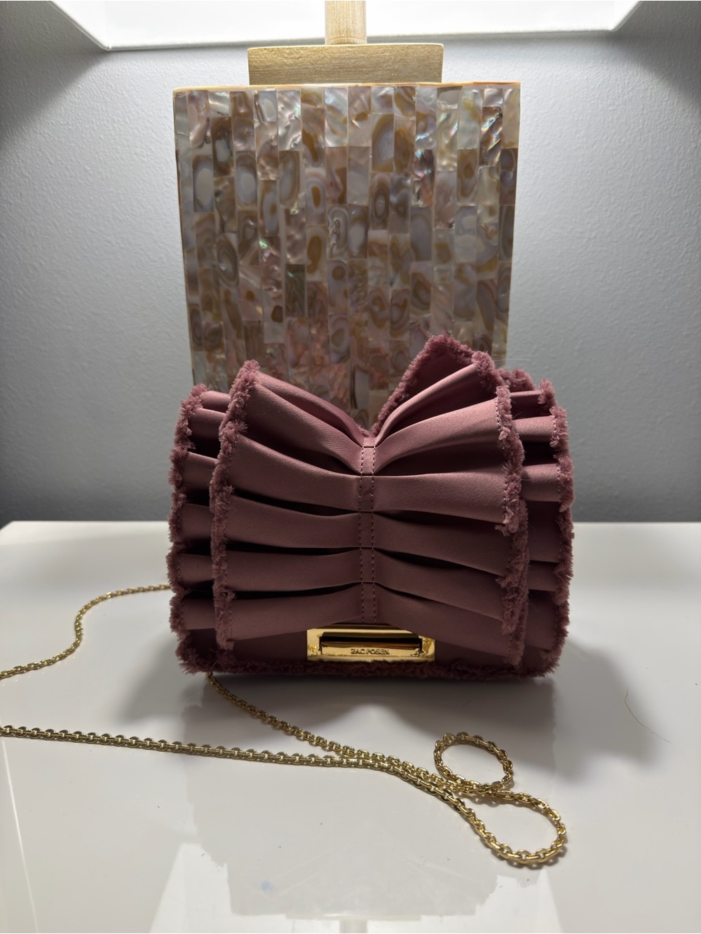 ZAC Zac Posen Mauve Ruffle Clutch with Gold Chain